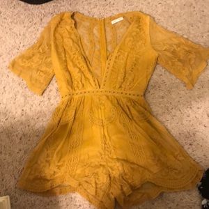 Yellow deep v lace romper